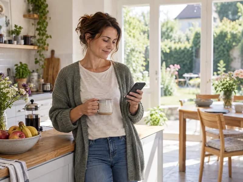 A parent checks a phone at home and looks quietly reassured