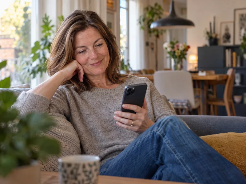 An adult daughter looks relieved after seeing her mother’s recent check-in on her smartphone