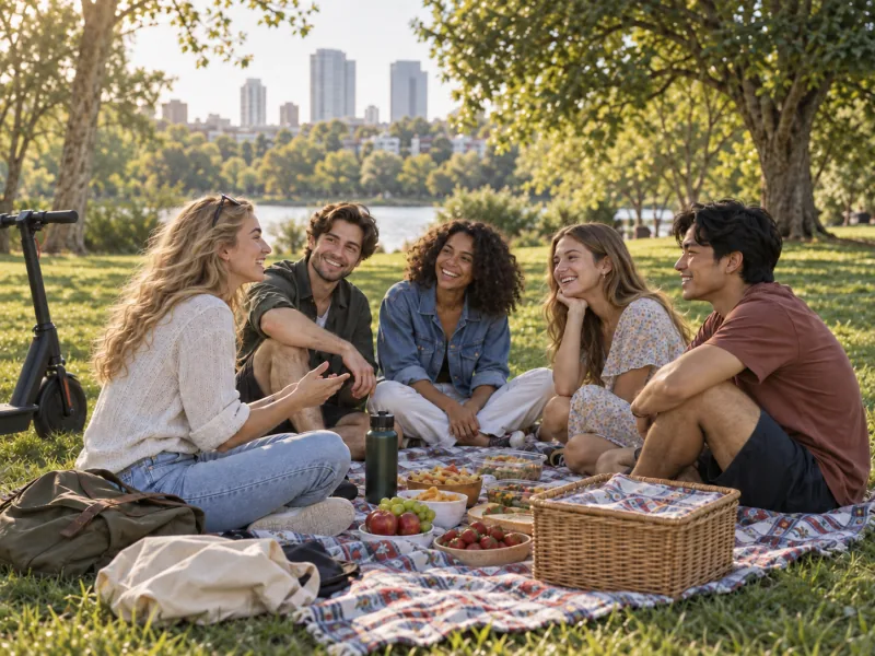 Five close friends sit together on a picnic blanket in a sunny park