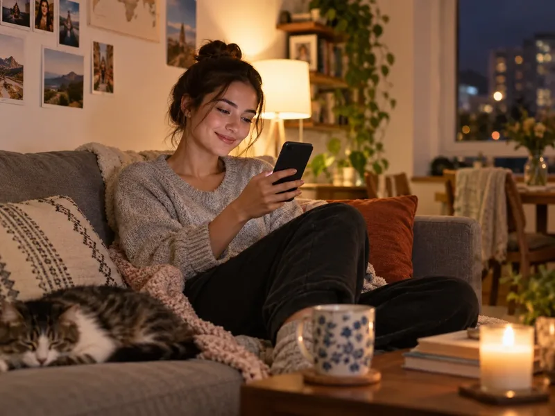 A person at home smiles after seeing their partner's check-in on a smartphone