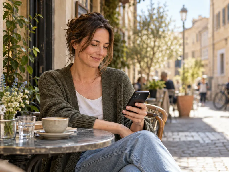 Eine Mutter sitzt in einem Café und schaut entspannt lächelnd auf ihr Smartphone