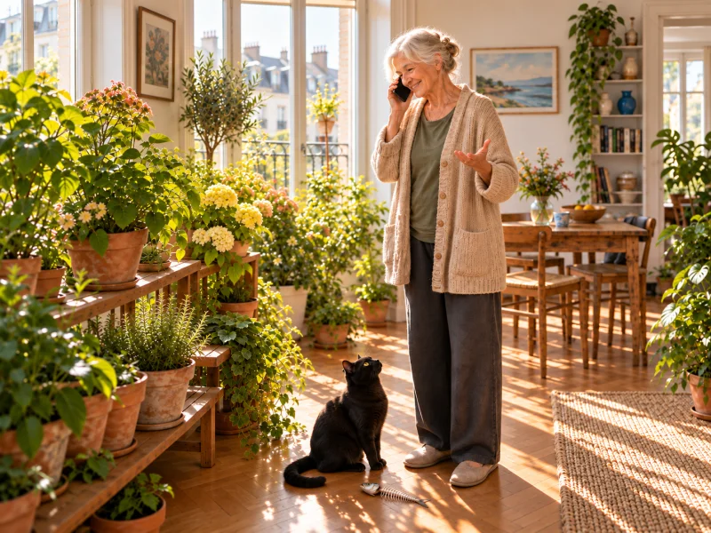 A cheerful older woman talks on her smartphone while her black cat looks up at her