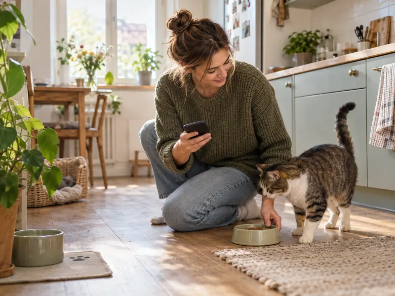 En betroet dyrepasser fodrer en kat i et lyst køkken, mens han holder en telefon