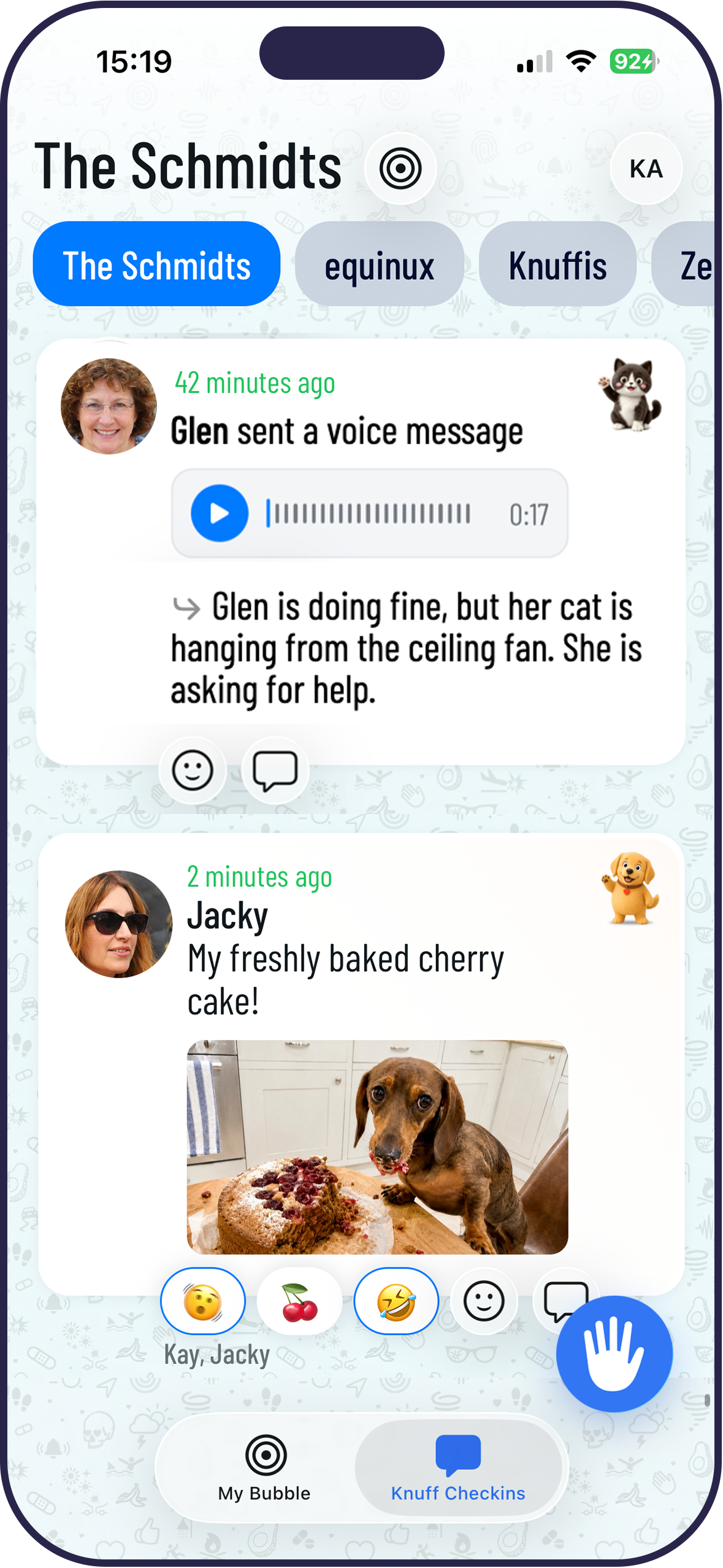 Knuff check-ins view showing group activity